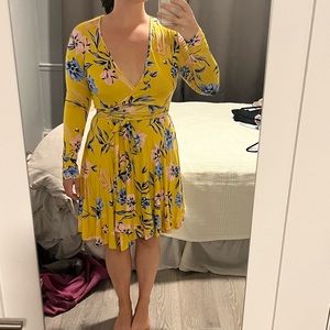 Yumi Kim yellow floral print knit wrap dress size M